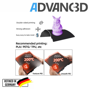 Advanc3D Flexible Druckplatte mit PEO und PEI Schicht f&uuml;r Prusa Mk3 Mk4 3D Drucker