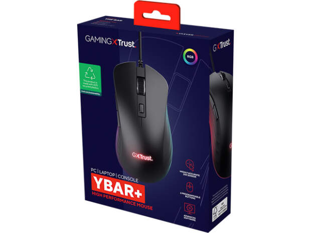 TRUST GXT924 YBAR+ Gaming Mouse Zwart - 6 knoppen, USB-A, rechtshandig, bedraad