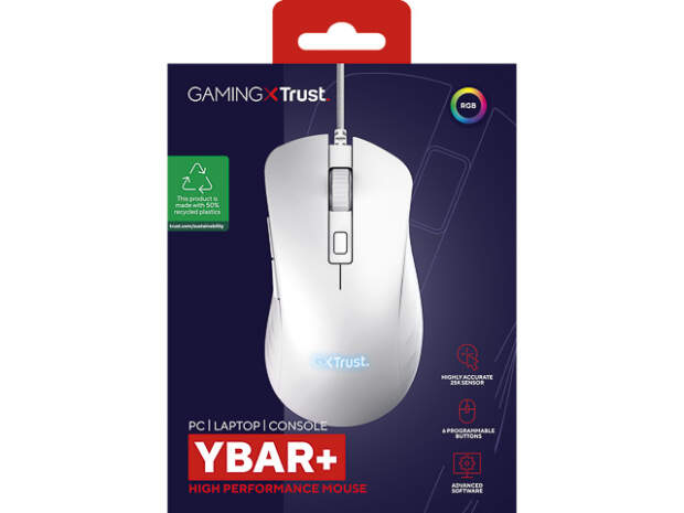 Trust GXT924W Ybar+ Gaming Maus Weiß - 6 Tasten, USB-A, Rechtshändig, Kabelgebunden