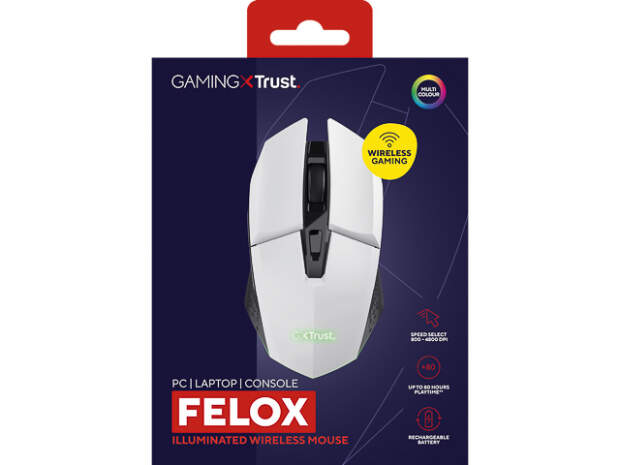 Trust GXT110W Felox Gaming Mouse Valkoinen - 6 painiketta, USB-A, 4800 DPI, Langaton hiiri