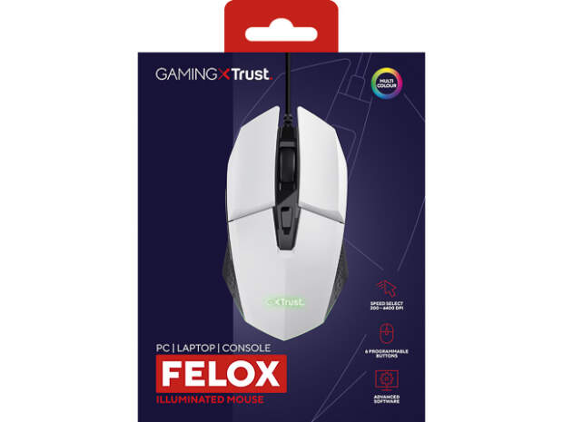 Trust GXT109W Felox Gaming Muis Wit - 6 knoppen, USB, 6400 DPI, bedraad