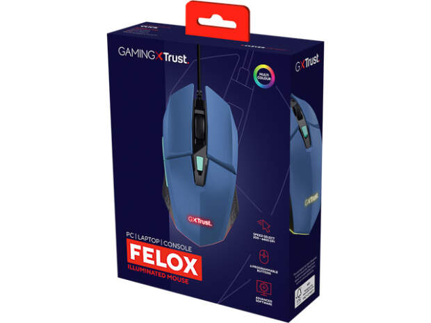 TRUST GXT109B Felox Gaming Mouse Blue - 6 knapper, USB, 6400 DPI, kablet