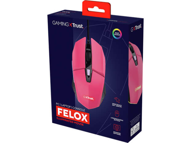 Trust GXT109P Felox Gaming Mouse Pink - 6 knappar, USB, 6400 DPI, trådbunden