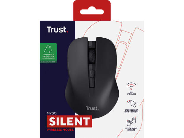 Trust Mydo Silent Mouse Eco Wireless 25084 - 4 knapper, sort, ergonomisk