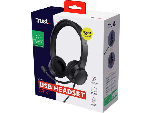 Trust Ayda PC Stereo USB Headset 25089, Bedraad, Zwart, Op het oor, ENC