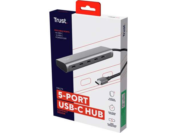 Trust Halyx 5-poorts USB-C Hub 25136, Aluminium, Zilver, Hoogwaardige adapter