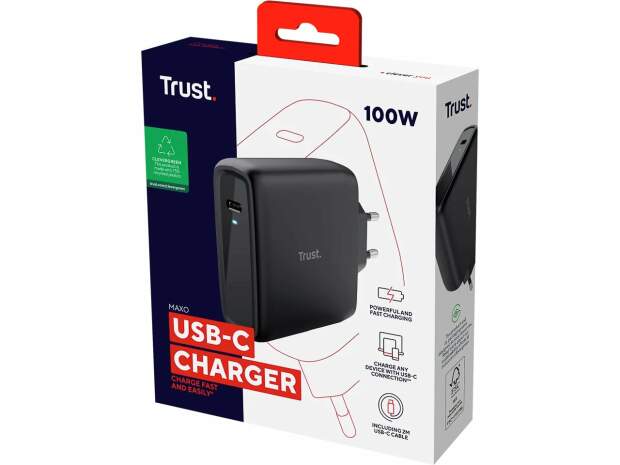 TRUST Maxo USB-C 100W 充电器，带 2 米电缆，黑色 - 快速充电器