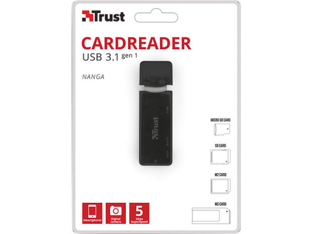 Trust Nanga USB 3.2 Gen1 kortläsare med flera kortplatser 21935 för SD-, MicroSD-, CF- och MS-kort